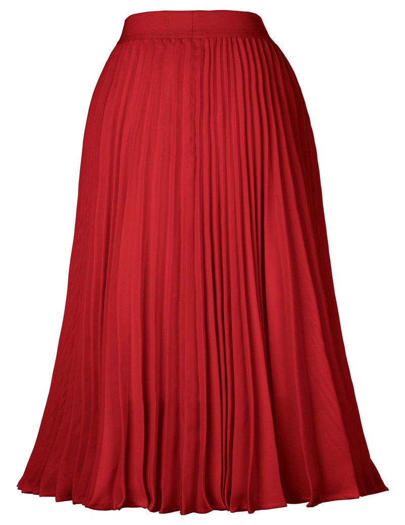 Kate Kasin Pleated Flared Elastic Skater Skirt Solid Tea Length Red Size M KK659-4 - Image 2